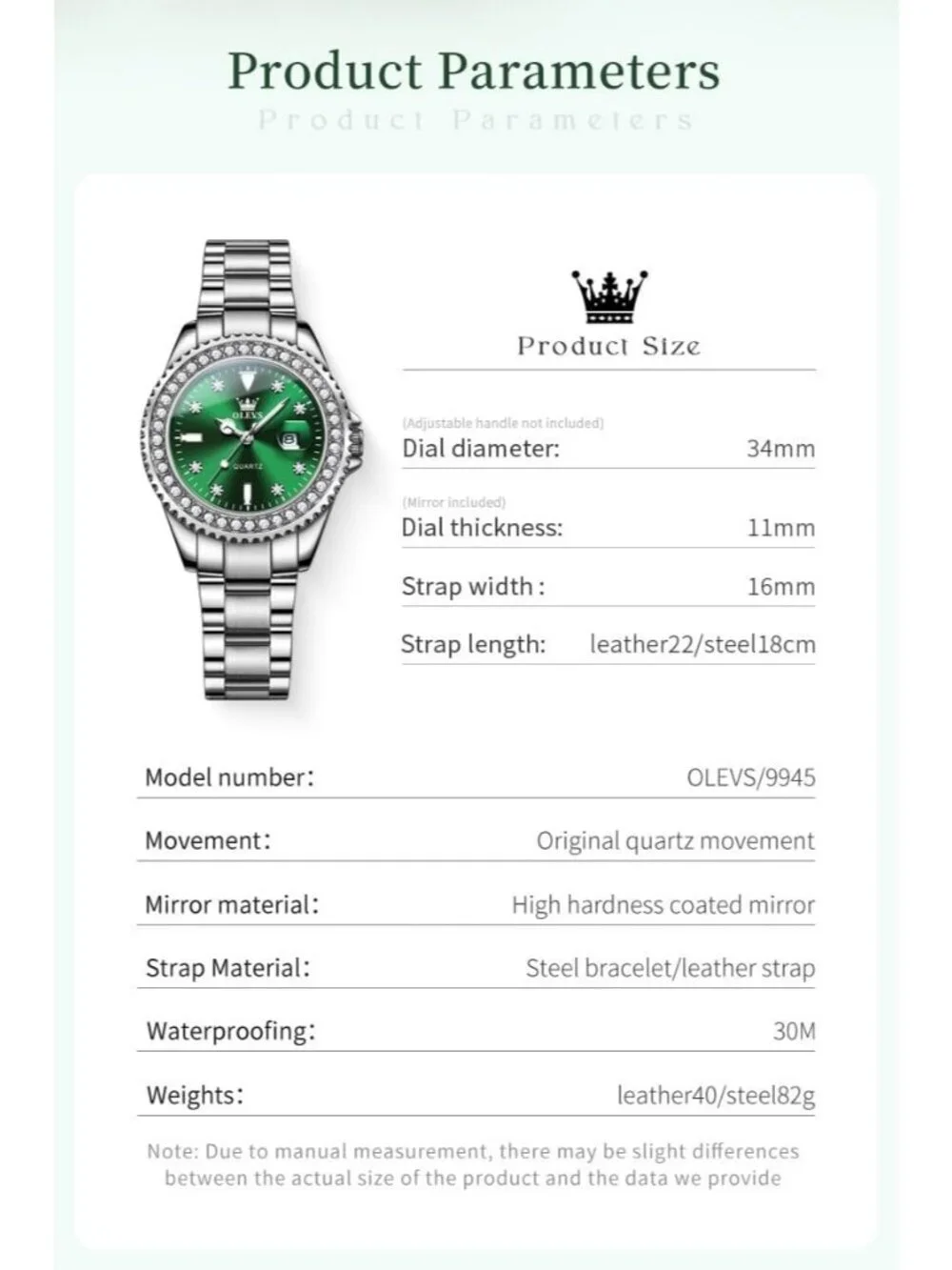 Women's Green Luxury Diamond with Date Analog Quartz Waterproof Wrist Watch